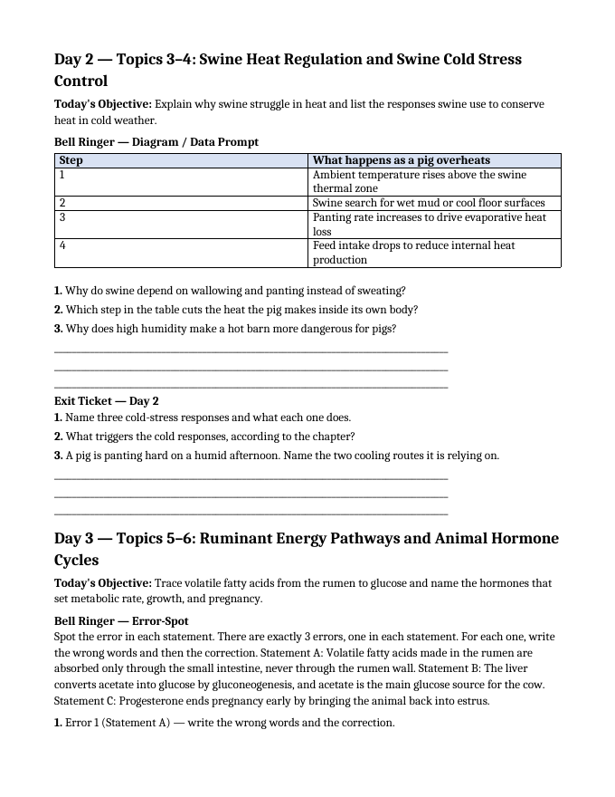 Biological Mechanics of Animals Bell Ringers & Exit Tickets sample page