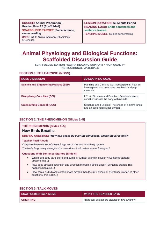 Biological Mechanics of Animals Scaffolded Phenomena-Based Lesson: How Birds Breathe Teacher Discussion Guide sample page