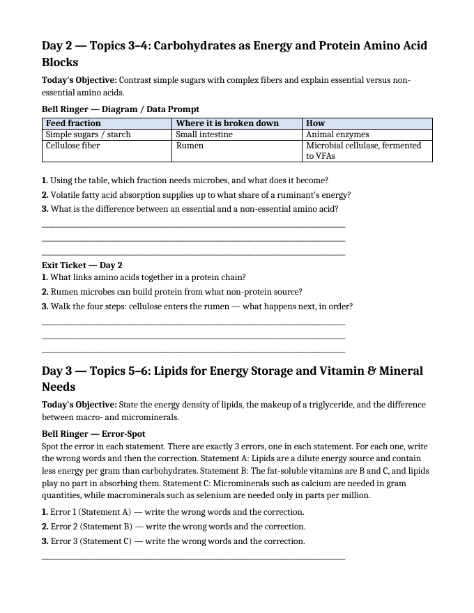 Core Nutrition of Animals Bell Ringers & Exit Tickets sample page