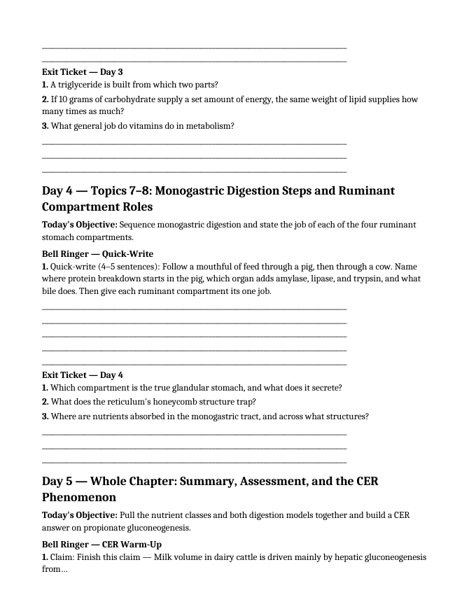 Core Nutrition of Animals Bell Ringers & Exit Tickets sample page
