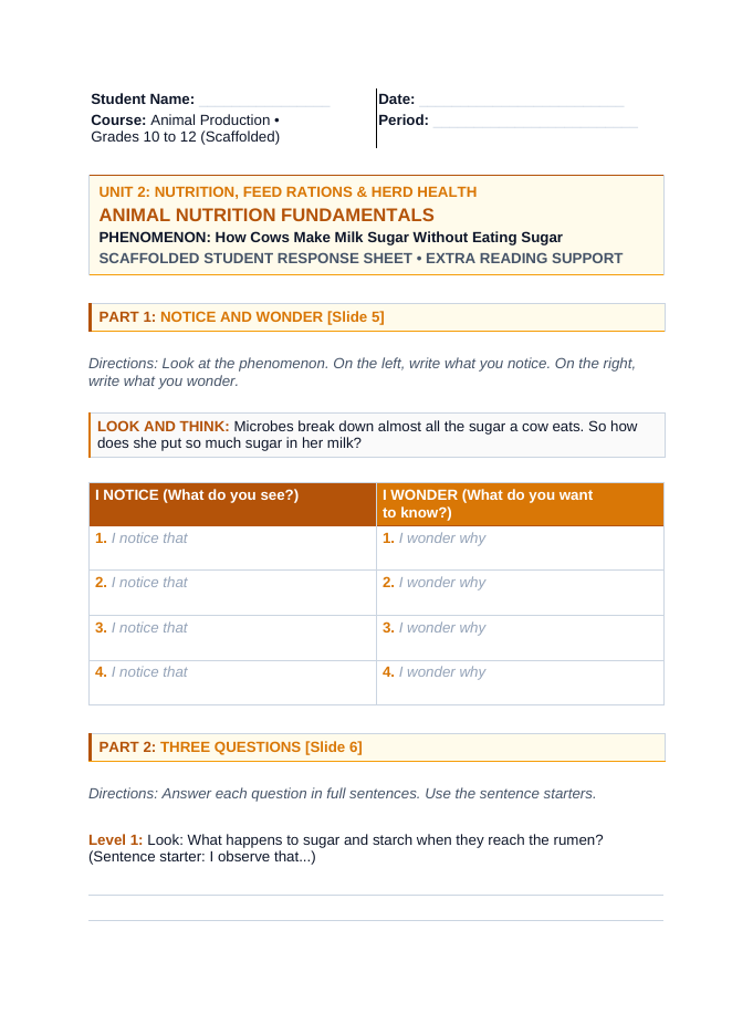 Core Nutrition of Animals Scaffolded Phenomena-Based Lesson: How Cows Make Milk Sugar Student Response Sheet sample page