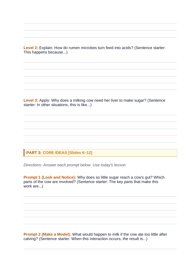 Core Nutrition of Animals Scaffolded Phenomena-Based Lesson: How Cows Make Milk Sugar Student Response Sheet sample page
