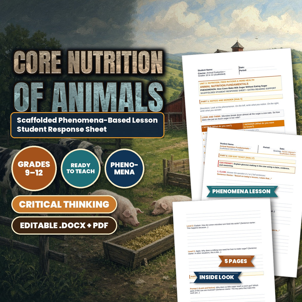 Core Nutrition of Animals Scaffolded Phenomena-Based Lesson: How Cows Make Milk Sugar Student Response Sheet cover