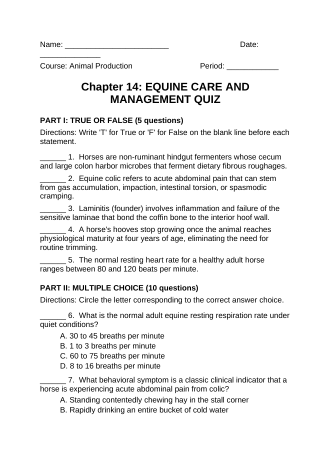 Equine Care & Management Lesson Quiz sample page