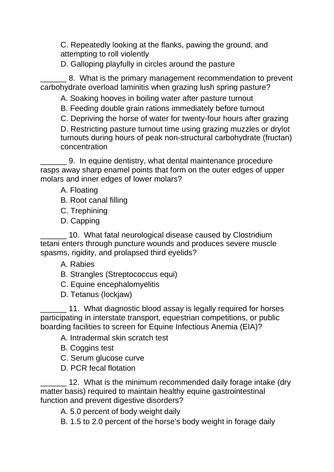 Equine Care & Management Lesson Quiz sample page