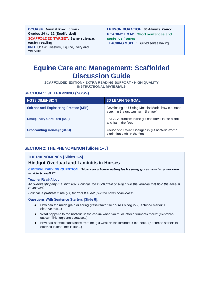 Equine Care & Management Scaffolded Phenomena-Based Lesson: Hindgut Overload and Laminitis in Horses Teacher Discussion Guide sample page