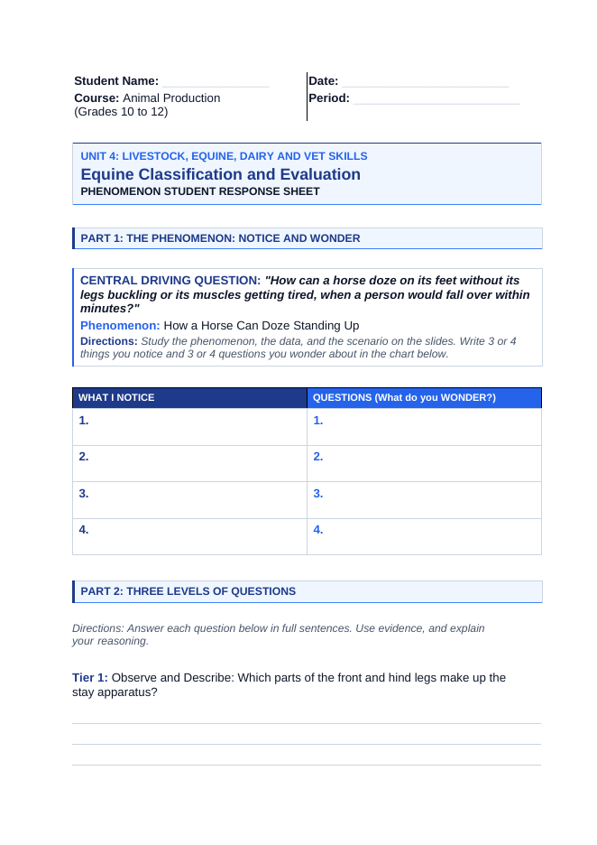 Equine Classification & Evaluation Phenomena-Based Lesson: How a Horse Can Doze Standing Up Student Response Sheet sample page