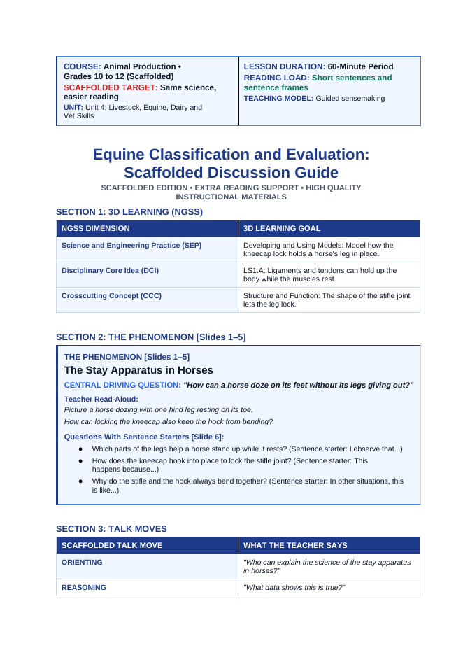 Equine Classification & Evaluation Scaffolded Phenomena-Based Lesson: The Stay Apparatus in Horses Teacher Discussion Guide sample page