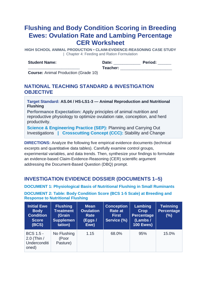 Flushing and Body Condition Scoring in Breeding Ewes: Ovulation Rate and Lambing Percentage CER Phenomena Worksheet sample page