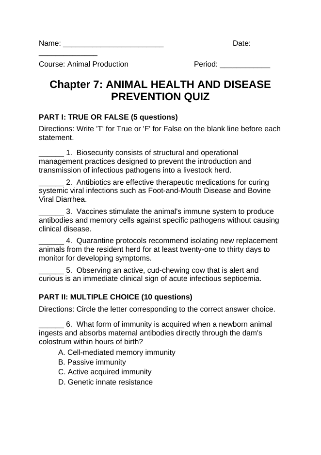 Proactive Animal Wellness and Protection Lesson Quiz sample page