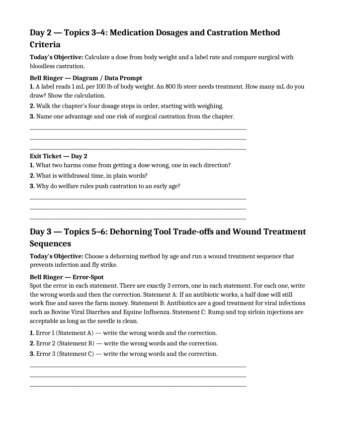 Veterinary Skills & Procedures Bell Ringers & Exit Tickets sample page