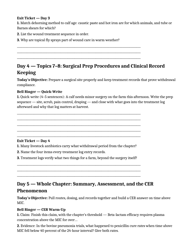 Veterinary Skills & Procedures Bell Ringers & Exit Tickets sample page