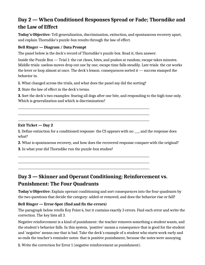 Behavioral Learning & Positive Reinforcement Bell Ringers & Exit Tickets sample page
