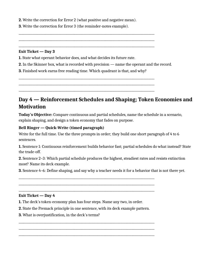 Behavioral Learning & Positive Reinforcement Bell Ringers & Exit Tickets sample page