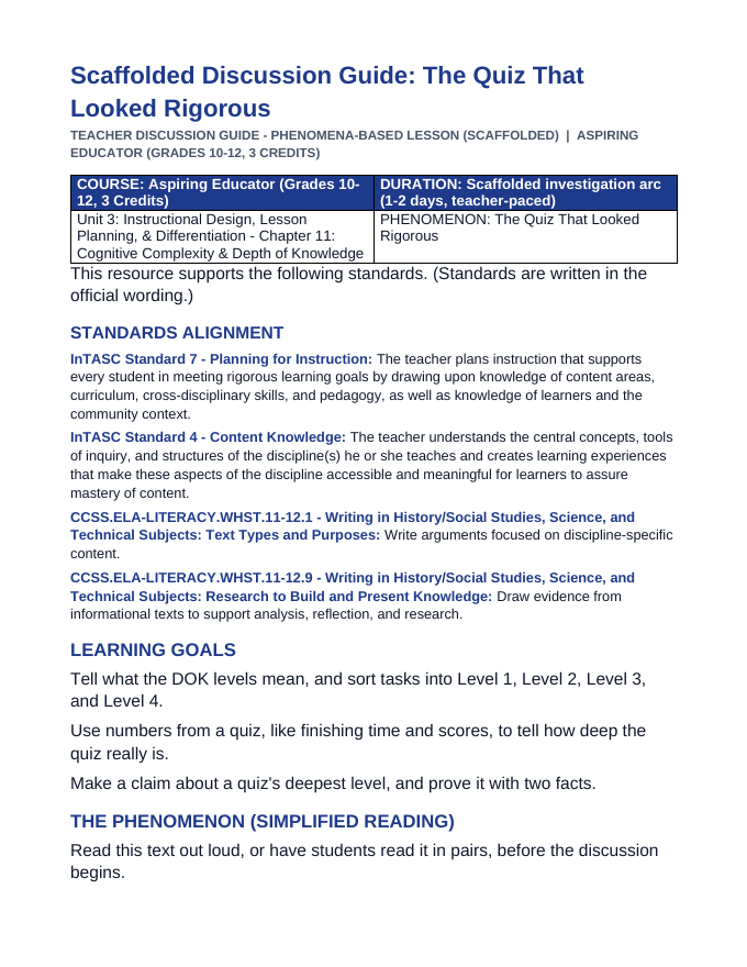 Cognitive Complexity & Depth of Knowledge Scaffolded Phenomena-Based Lesson: The Quiz That Looked Rigorous Teacher Discussion Guide sample page