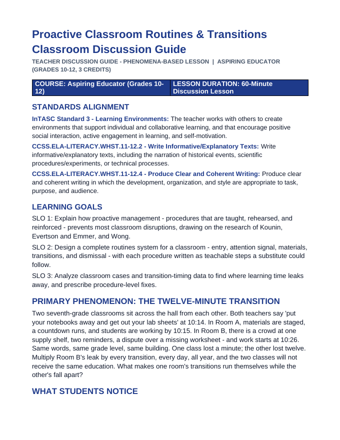 Proactive Classroom Routines & Transitions Phenomena-Based Lesson: The Twelve-Minute Transition Teacher Discussion Guide sample page