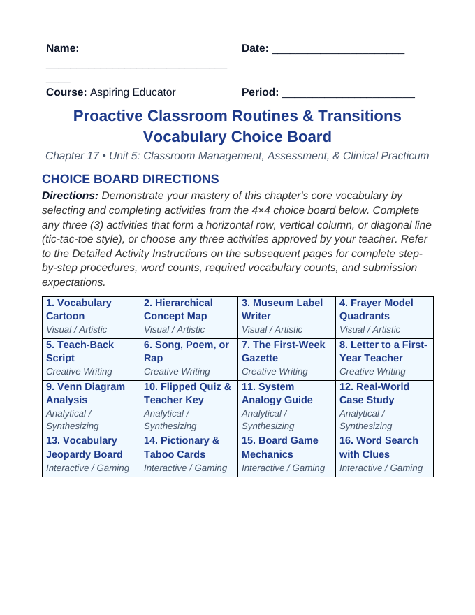 Proactive Classroom Routines & Transitions Vocabulary Choice Board sample page