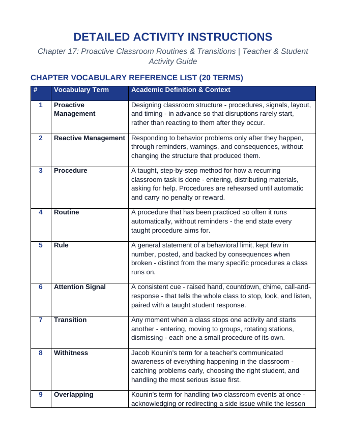 Proactive Classroom Routines & Transitions Vocabulary Choice Board sample page