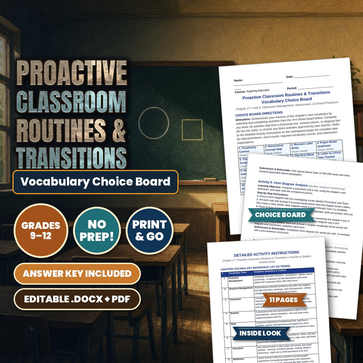 Proactive Classroom Routines & Transitions Vocabulary Choice Board cover