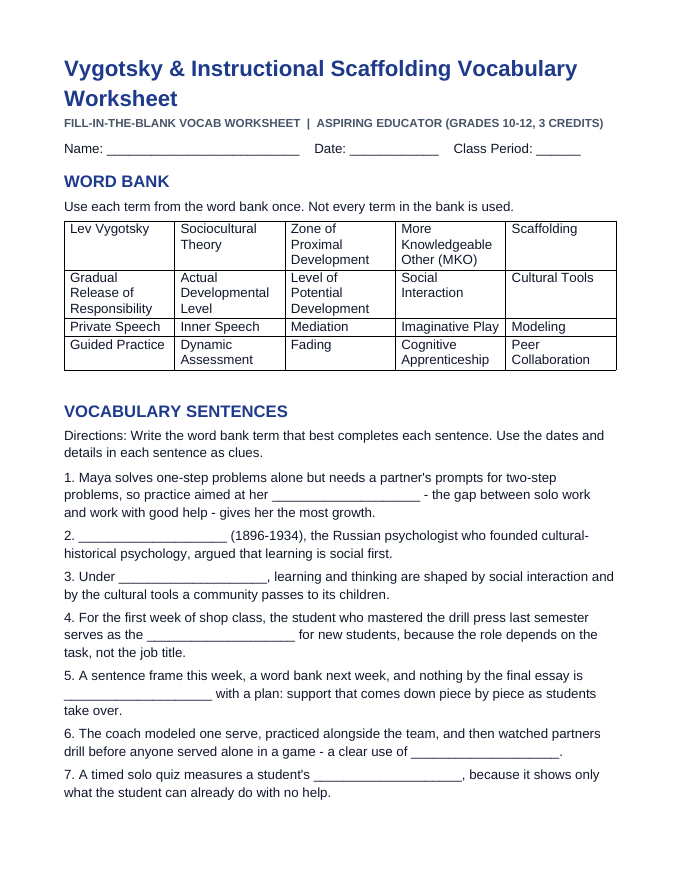 Vygotsky & Instructional Scaffolding Fill-in-the-Blank Vocabulary Worksheet sample page