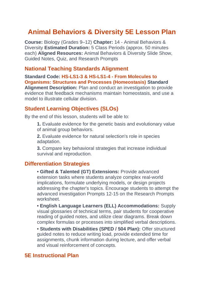 Animal Behaviors & Diversity 5E Lesson Plan sample page