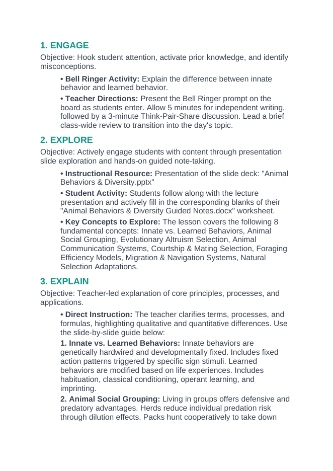 Animal Behaviors & Diversity 5E Lesson Plan sample page