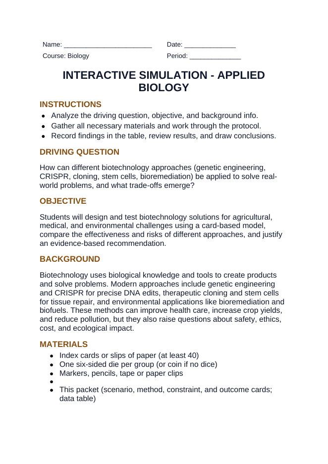 Applied Biology Interactive Simulation sample page