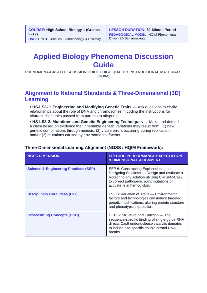 Applied Biology Phenomena-Based Lesson: CRISPR Sickle Cell Gene Editing Teacher Discussion Guide sample page