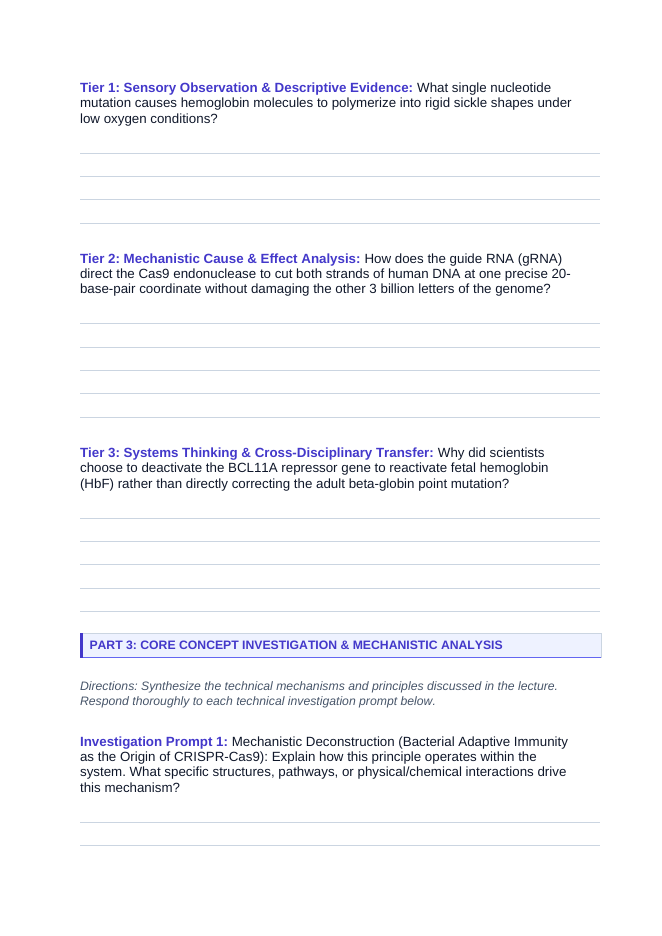 Applied Biology Phenomena-Based Lesson: CRISPR Sickle Cell Gene Editing Student Response Sheet sample page