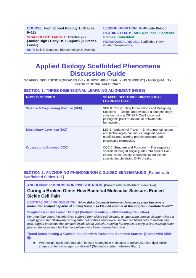 Applied Biology Scaffolded Phenomena-Based Lesson: CRISPR Sickle Cell Gene Editing Teacher Discussion Guide sample page