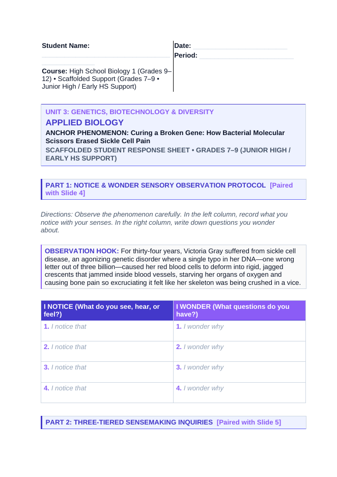 Applied Biology Scaffolded Phenomena-Based Lesson: CRISPR Sickle Cell Gene Editing Student Response Sheet sample page