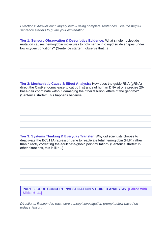 Applied Biology Scaffolded Phenomena-Based Lesson: CRISPR Sickle Cell Gene Editing Student Response Sheet sample page