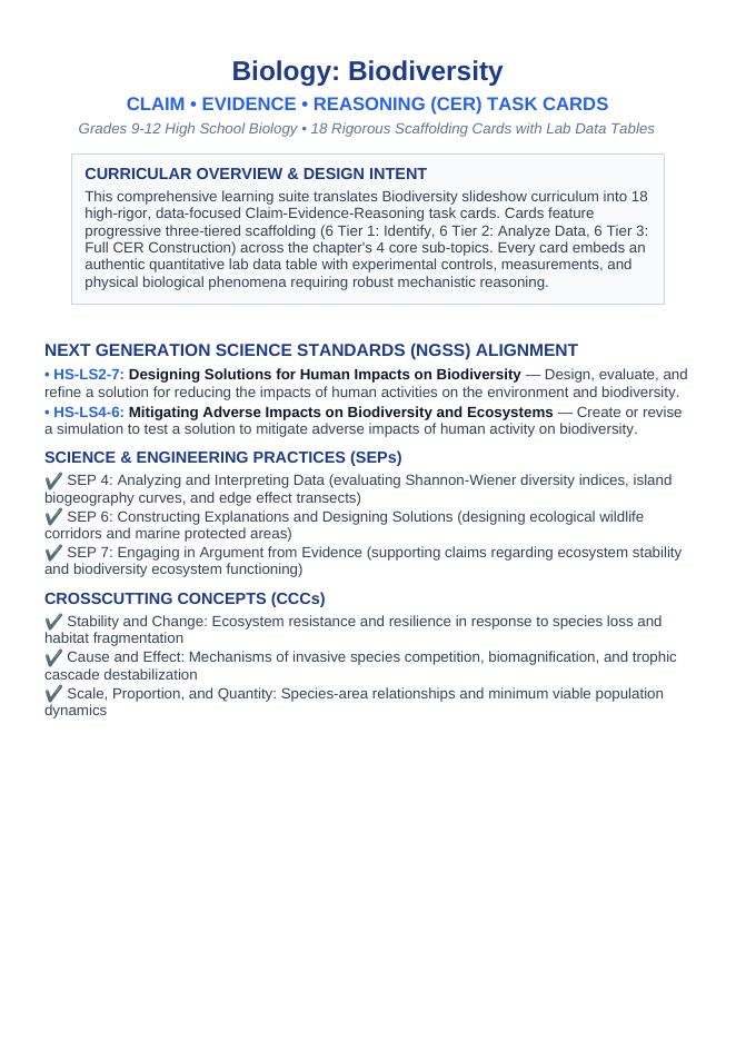 Biodiversity CER Task Cards sample page