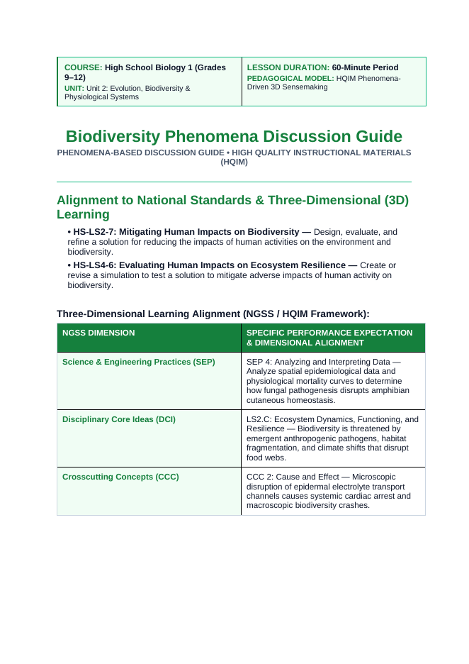 Biodiversity Phenomena-Based Lesson: Chytrid Amphibian Dieoff Teacher Discussion Guide sample page