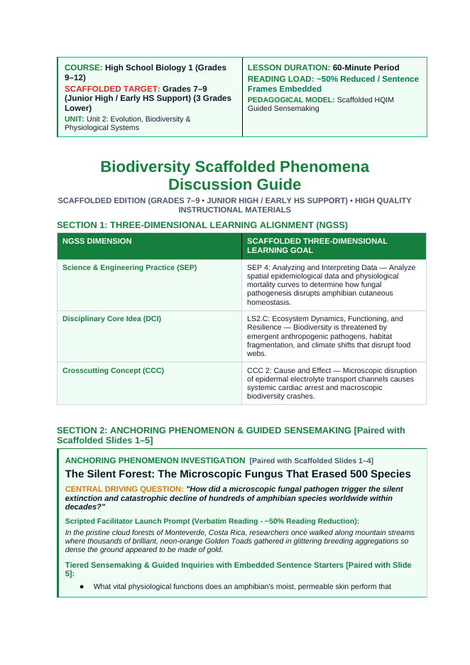 Biodiversity Scaffolded Phenomena-Based Lesson: Chytrid Amphibian Dieoff Teacher Discussion Guide sample page