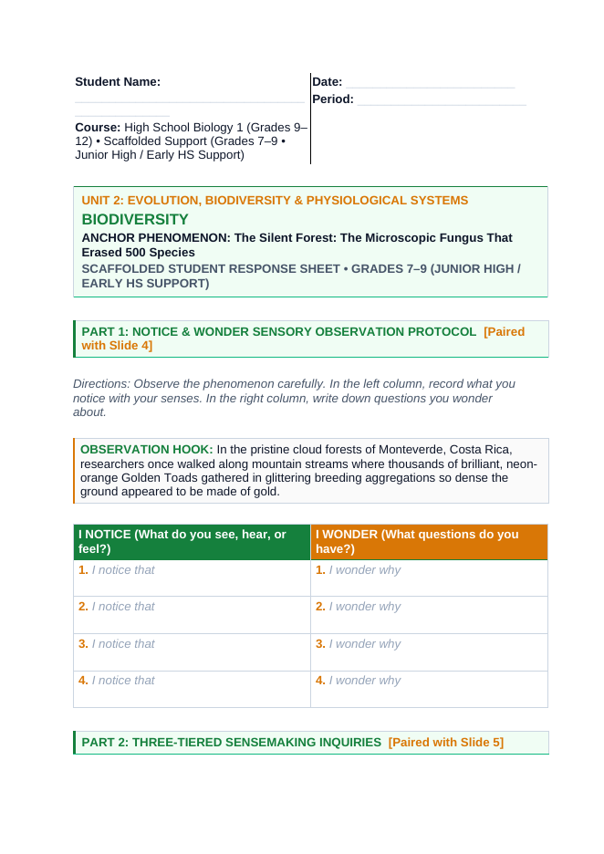 Biodiversity Scaffolded Phenomena-Based Lesson: Chytrid Amphibian Dieoff Student Response Sheet sample page