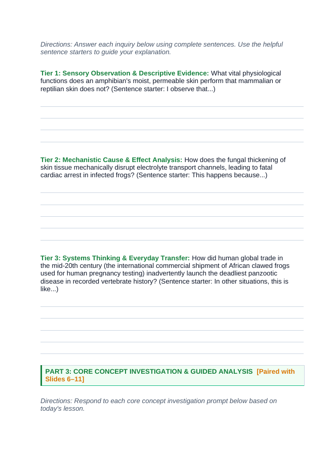 Biodiversity Scaffolded Phenomena-Based Lesson: Chytrid Amphibian Dieoff Student Response Sheet sample page
