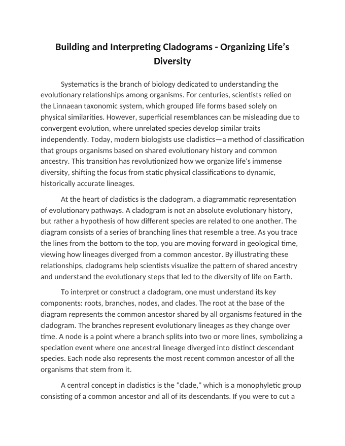 Building and Interpreting Cladograms Reading Worksheet sample page