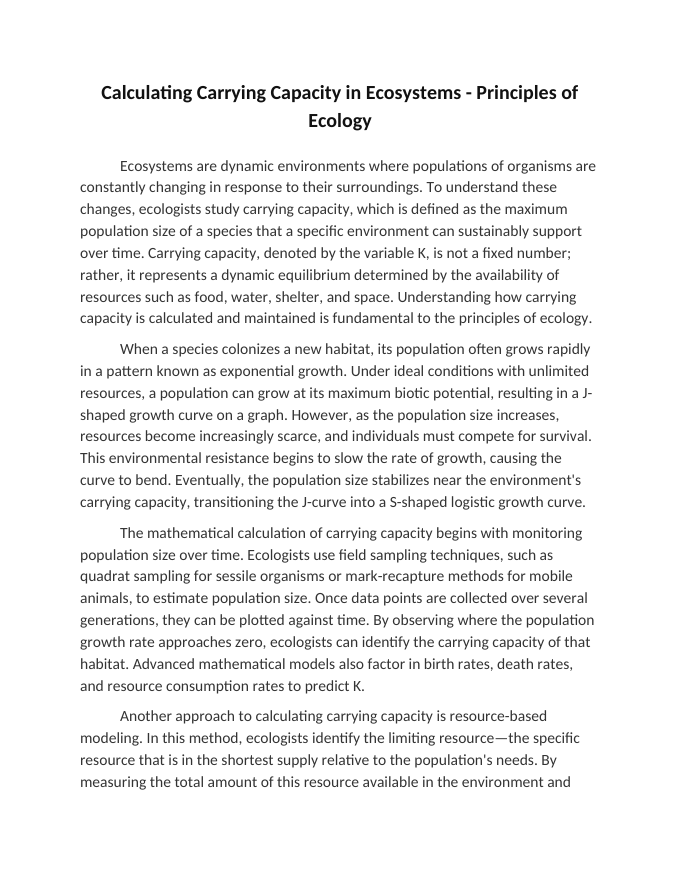 Calculating Carrying Capacity in Ecosystems Reading Worksheet sample page