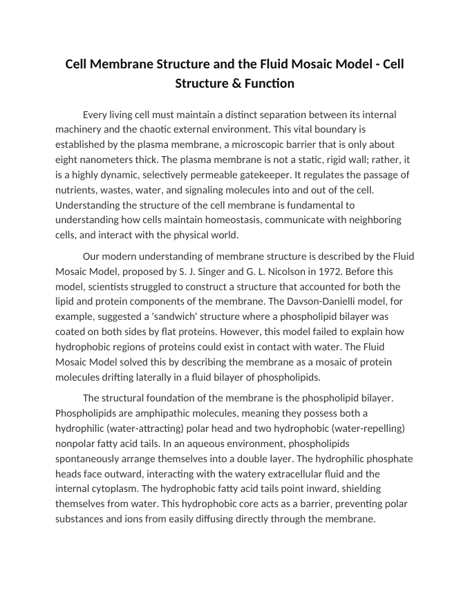 Cell Membrane Structure and the Fluid Mosaic Model Reading Worksheet sample page