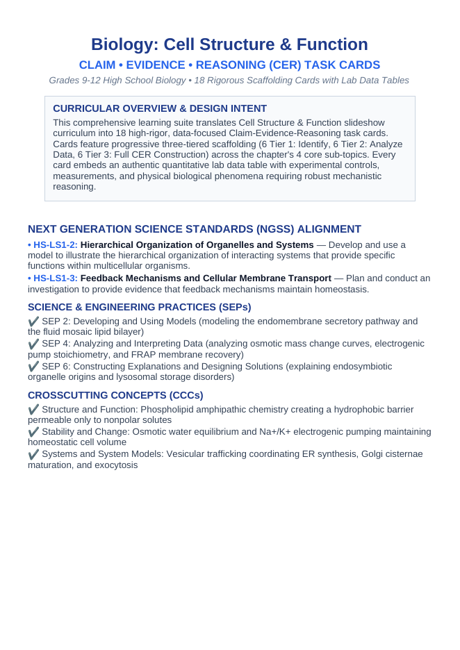 Cell Structure & Function CER Task Cards sample page