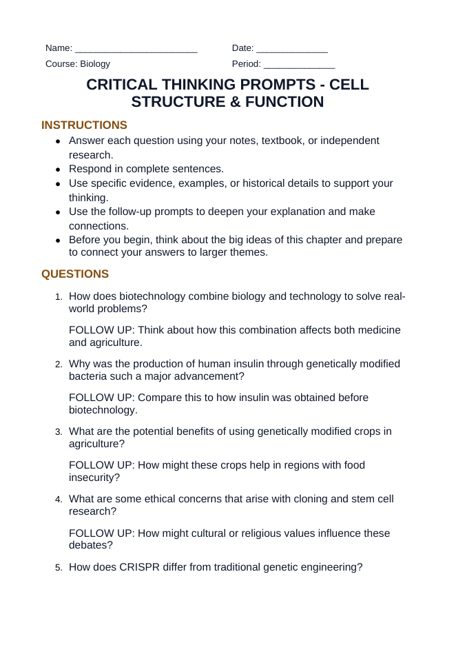 Cell Structure & Function Critical Thinking Prompts sample page