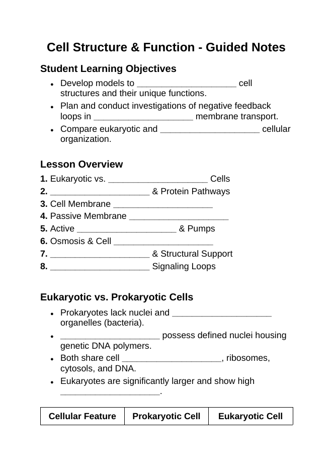 Cell Structure & Function Guided Notes sample page