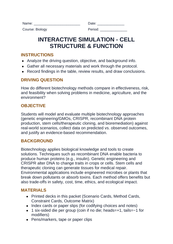 Cell Structure & Function Interactive Simulation sample page