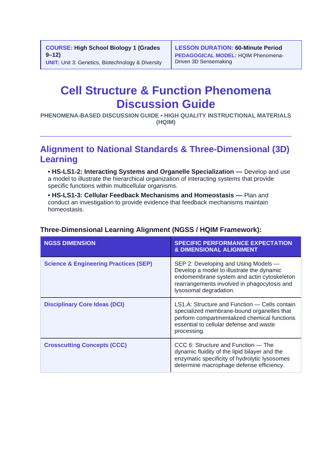Cell Structure & Function Phenomena-Based Lesson: Macrophage Phagocytosis Teacher Discussion Guide sample page