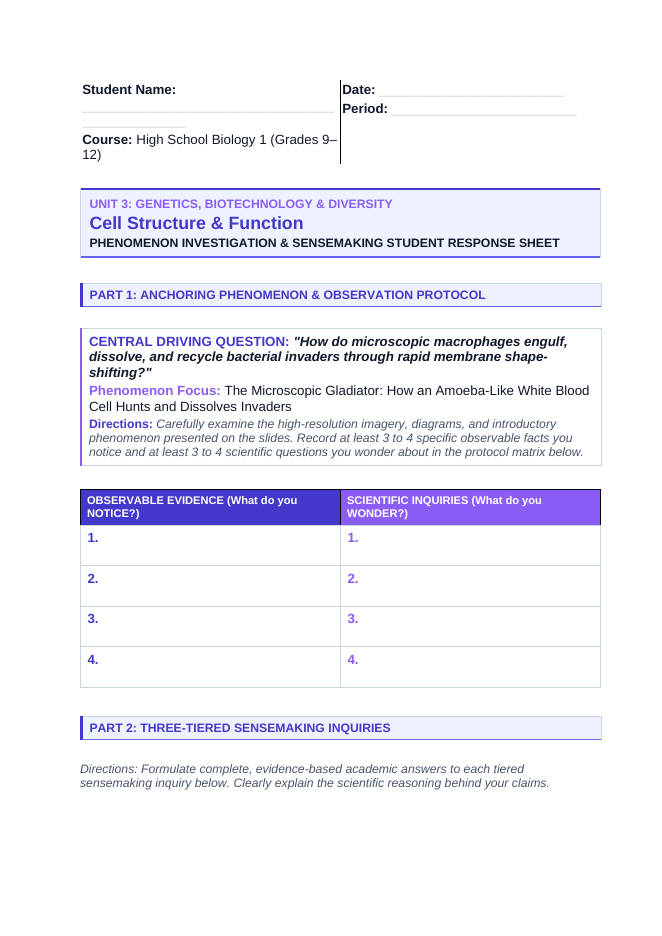 Cell Structure & Function Phenomena-Based Lesson: Macrophage Phagocytosis Student Response Sheet sample page