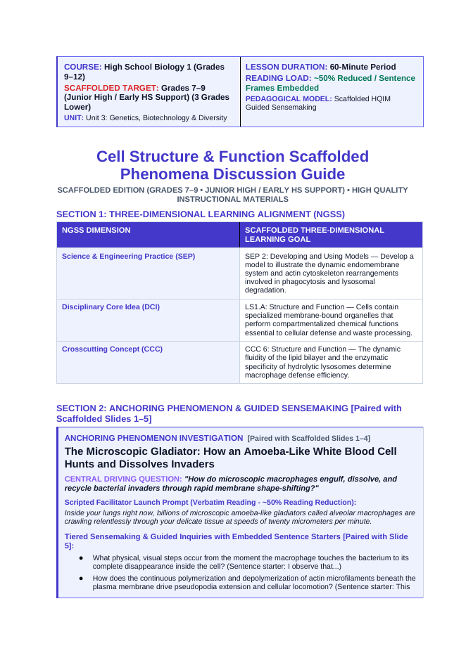 Cell Structure & Function Scaffolded Phenomena-Based Lesson: Macrophage Phagocytosis Teacher Discussion Guide sample page