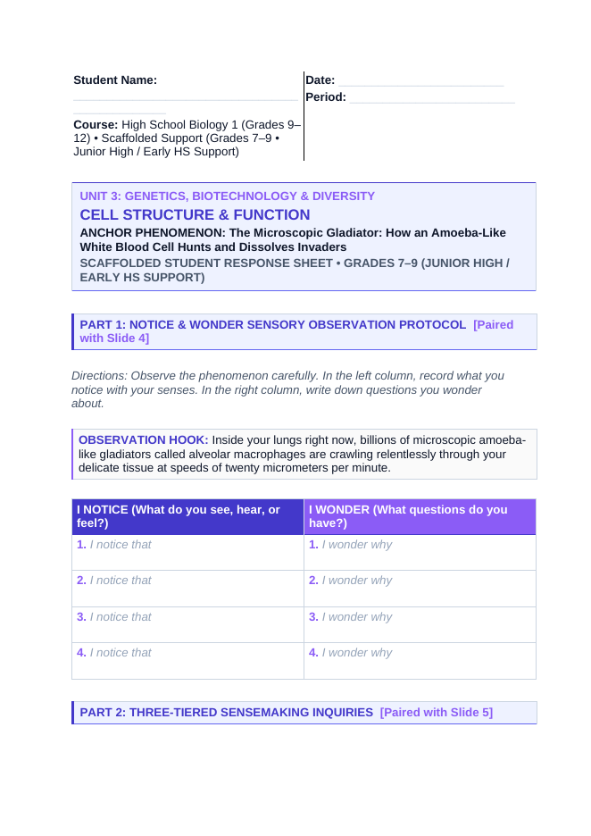 Cell Structure & Function Scaffolded Phenomena-Based Lesson: Macrophage Phagocytosis Student Response Sheet sample page