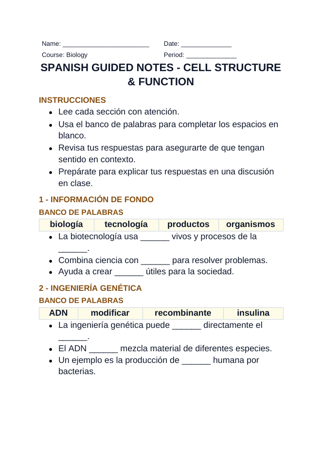 Cell Structure & Function Spanish Guided Notes sample page
