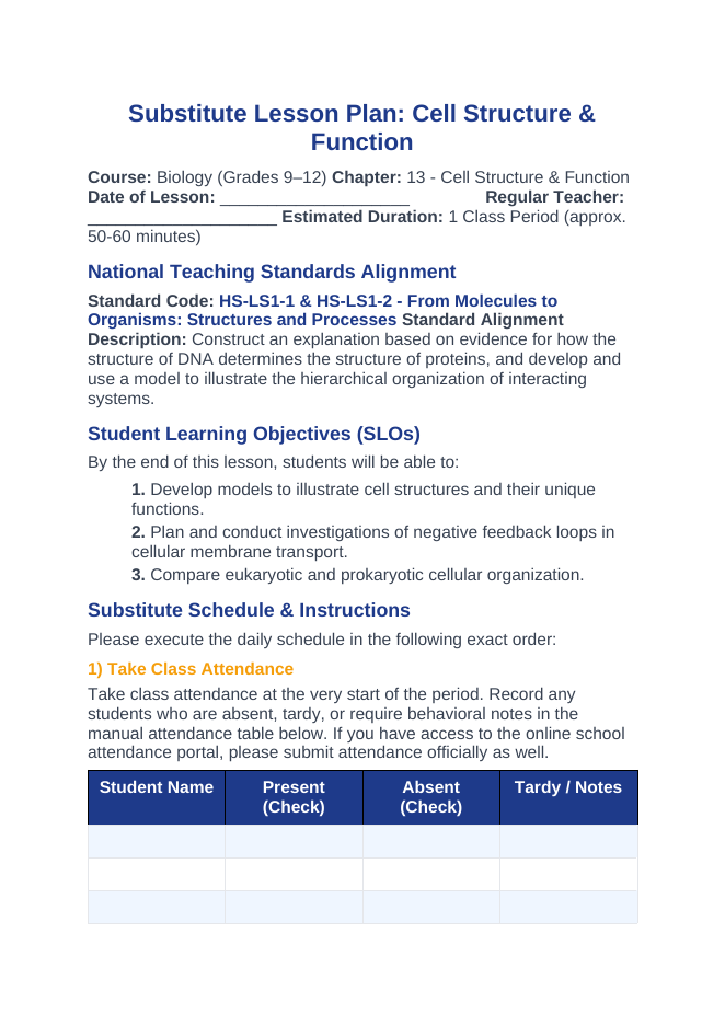 Cell Structure & Function Substitute Lesson Plan sample page